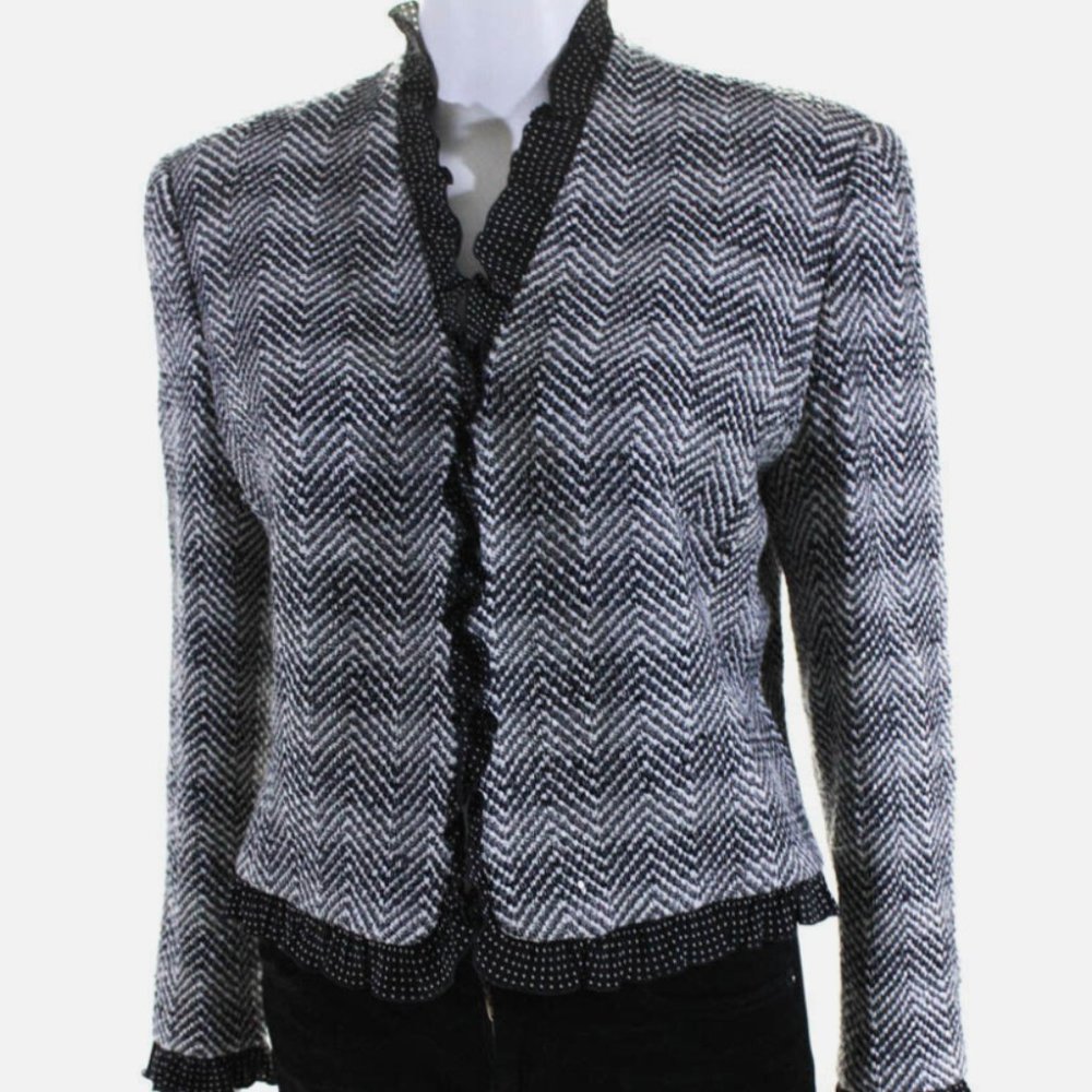 ESCADA Tweed Pattern Evening Jacket Polka Dot Ruffle Black&White Sz L US12 DE 42